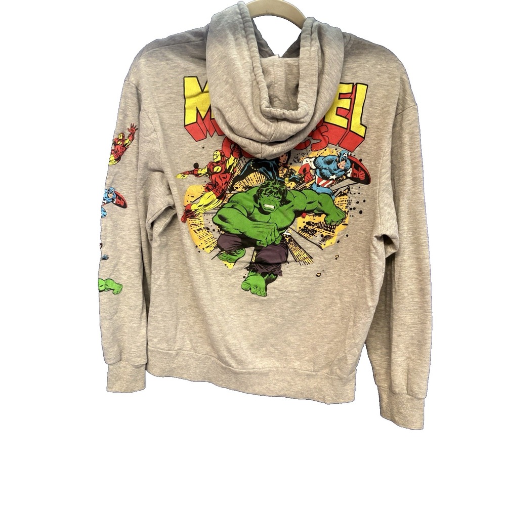 MARVEL Comics Hoodie Unisex Size S Retro Superheroes Gray Hulk Thor Iron Man